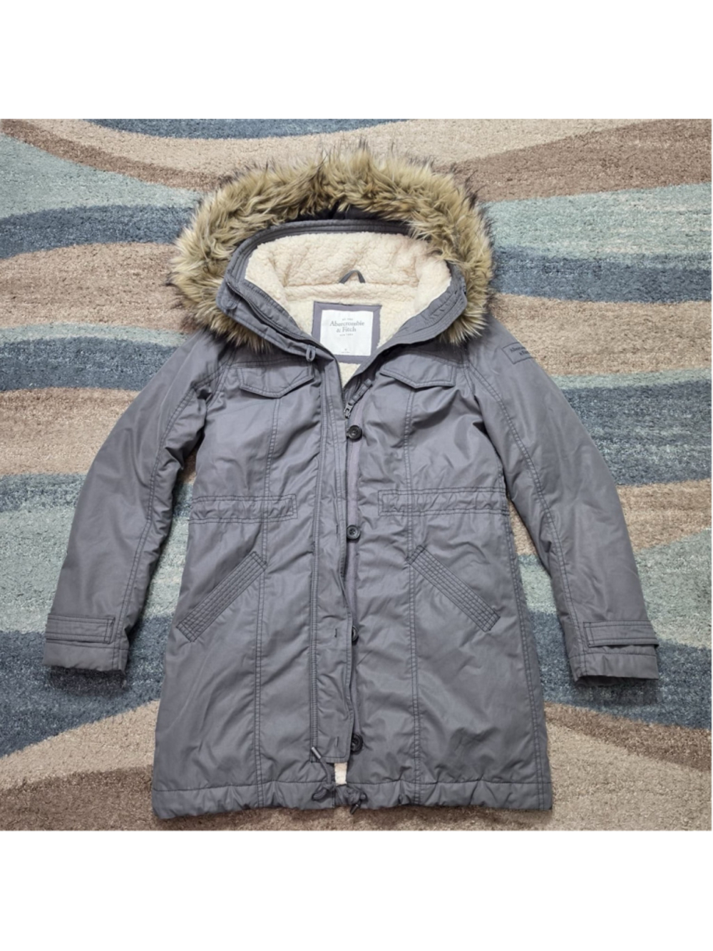 Abercrombie & Fitch Y2K Women's Gray Fleece Lined Parka Jacket Fur hooded Size M